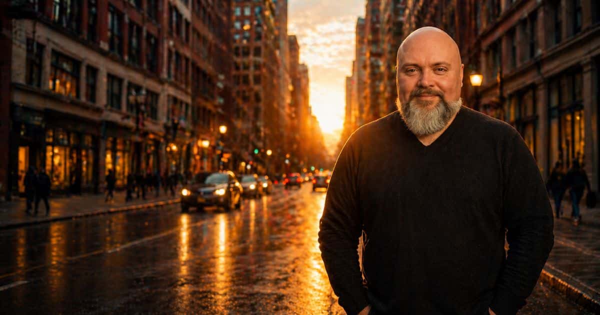 Ash Harris standing on a downtown street at sunset, the avenue and sky opening behind him.