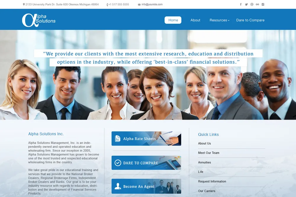 Screenshot of the Alpha Solutions Management website