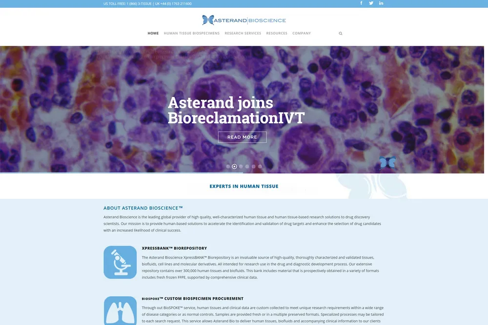 Screenshot of the Asterand Biosciences website