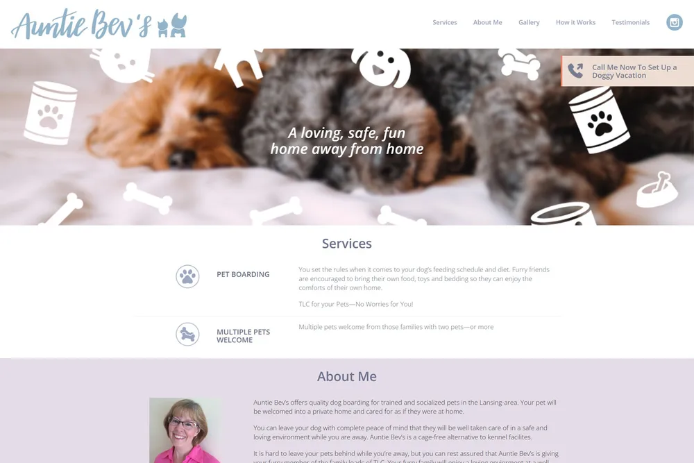Screenshot of the Auntie Bev’s Dog Grooming website