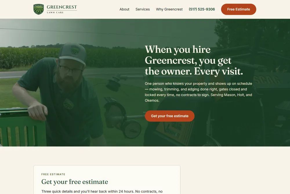 Screenshot of the Greencrest Lawn Care website