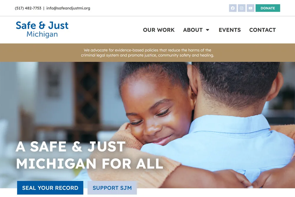 Screenshot of the Safe & Just Michigan website
